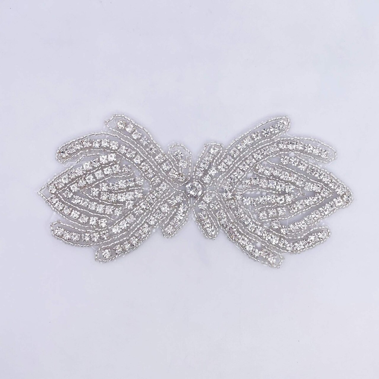 6.25 Inch Silver Rhinestone Beaded Modern Bow Applique Iron On Patch for Garment Decoration